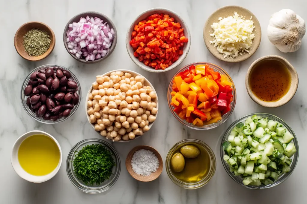 Ingredients for Mediterranean Dense Bean Salad laid out on a counter