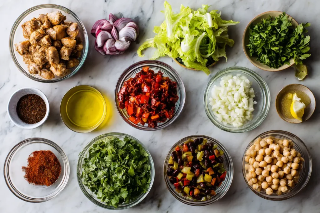 Ingredients for Dense Bean Salad with Roasted Chicken on a table