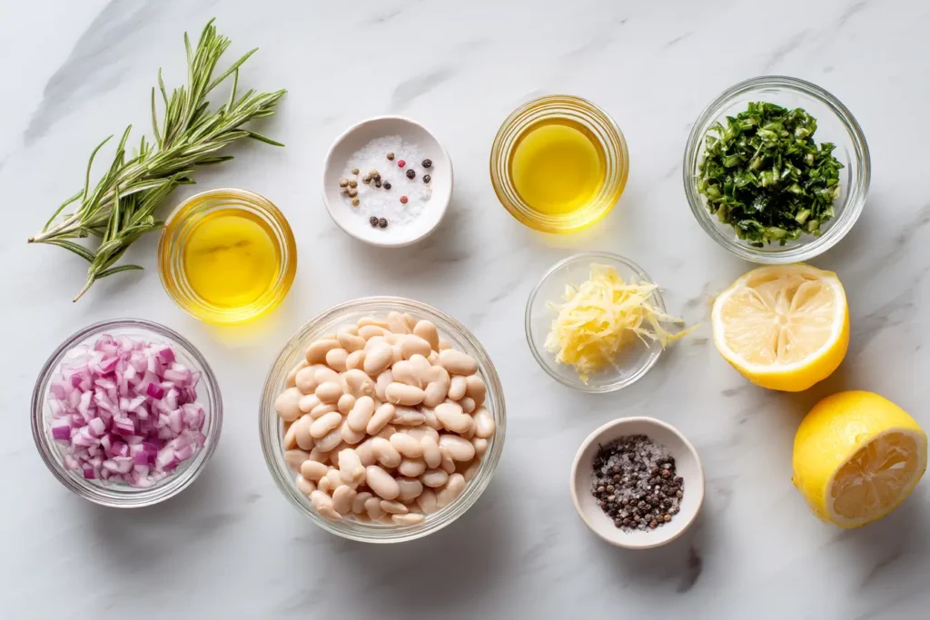 Ingredients for White Bean Salad on a wooden surface