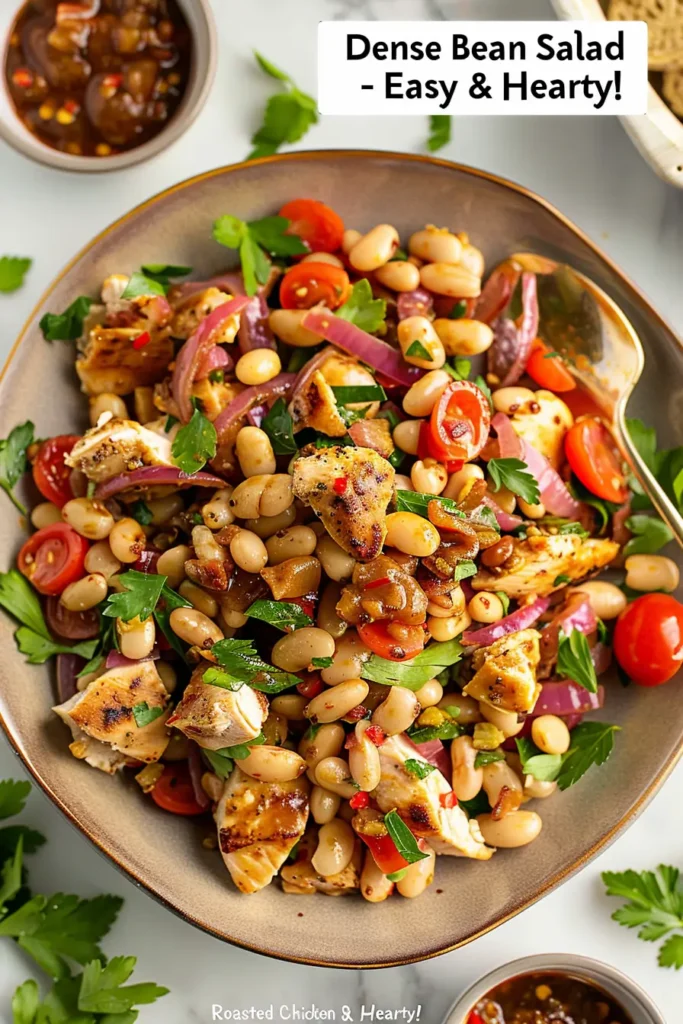 Dense Bean Salad with Roasted Chicken served with bread and lemon