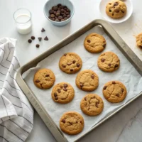Tray of freshly baked chocolate chip cookies on parchment paper – easy baking recipe