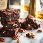 Close-up of Bourbon Pecan Fudge Brownies with pecans and chocolate chunks