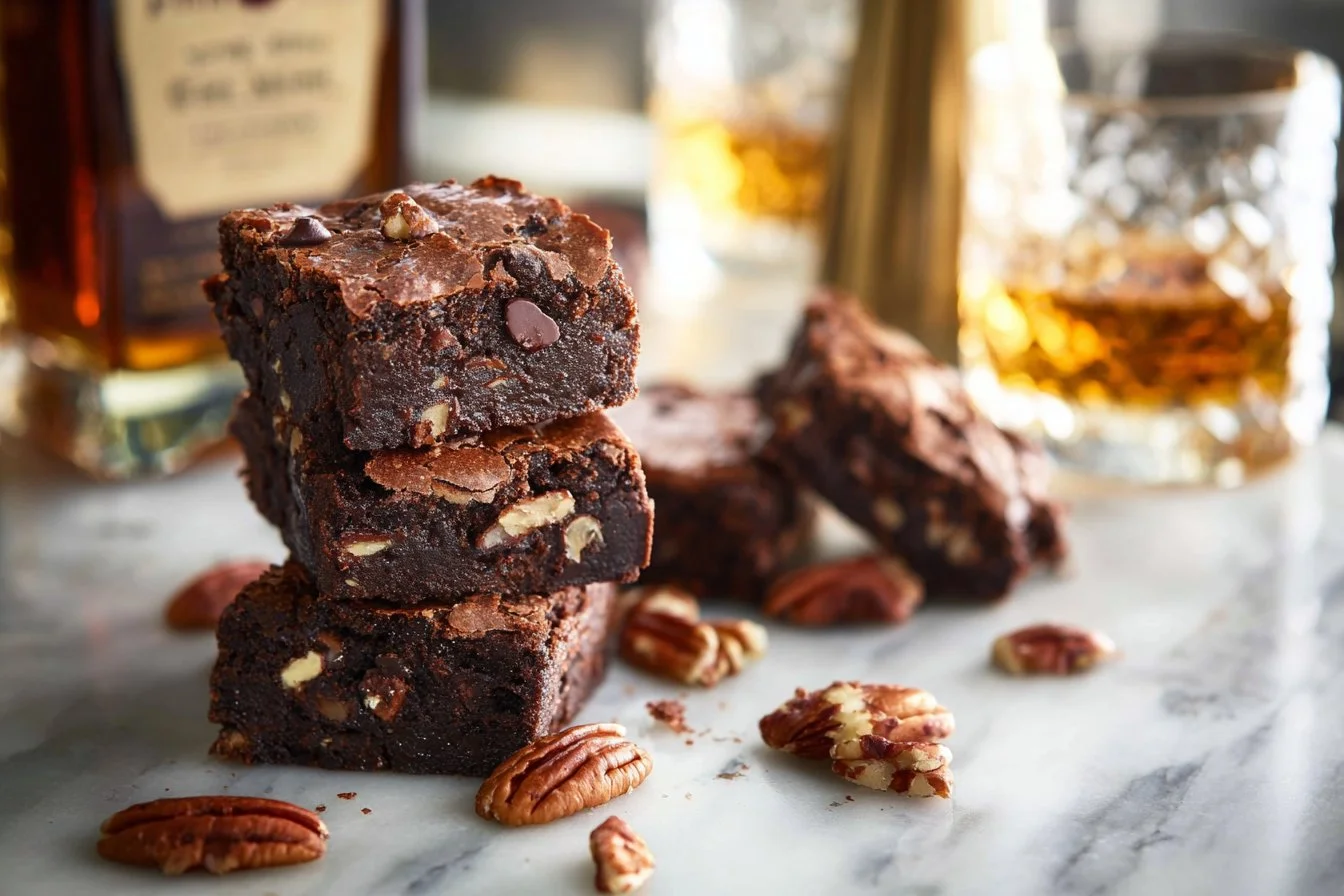 Close-up of Bourbon Pecan Fudge Brownies with pecans and chocolate chunks