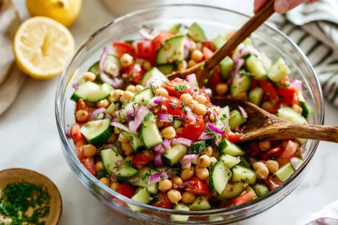 Fresh Chickpea Salad with cucumbers, tomatoes, and parsley