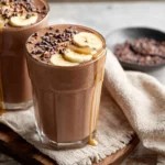 Chocolate banana smoothie in a tall glass with banana and cacao nibs.
