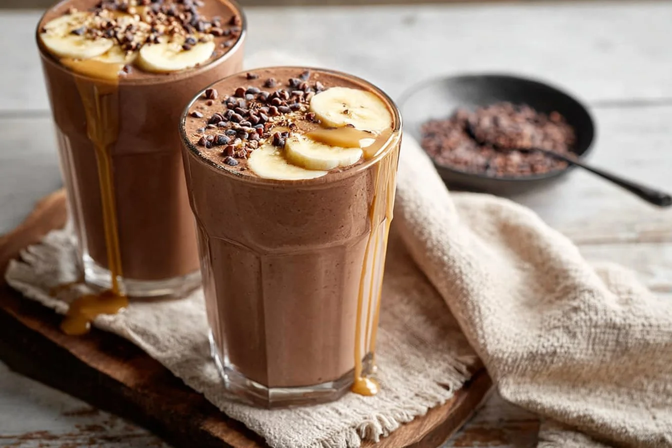 Chocolate banana smoothie in a tall glass with banana and cacao nibs.
