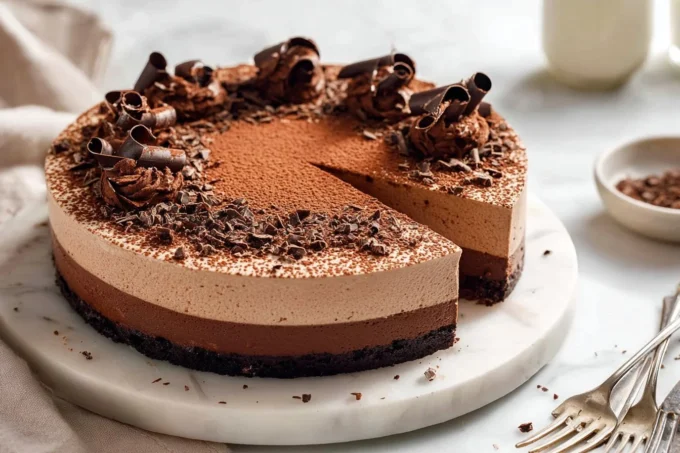 Slice of Chocolate Mousse Brownie Cake showing mousse and brownie layers