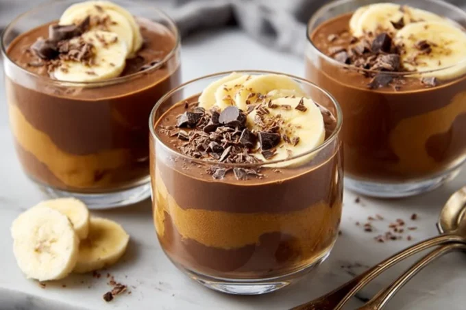 Chocolate peanut butter banana smoothie in a tall glass with banana and cacao nibs.