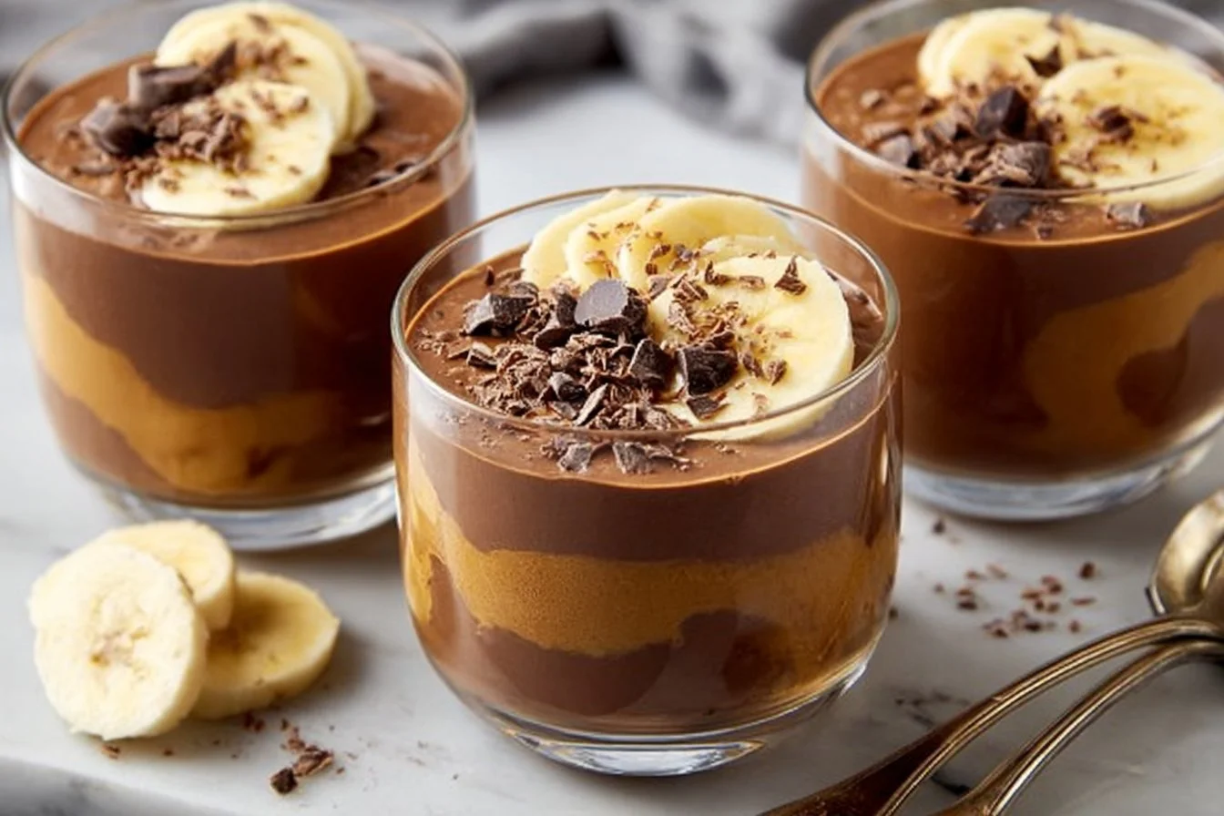 Chocolate peanut butter banana smoothie in a tall glass with banana and cacao nibs.