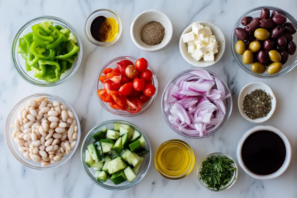 Ingredients for Greek Bean Salad laid out on a wooden surface