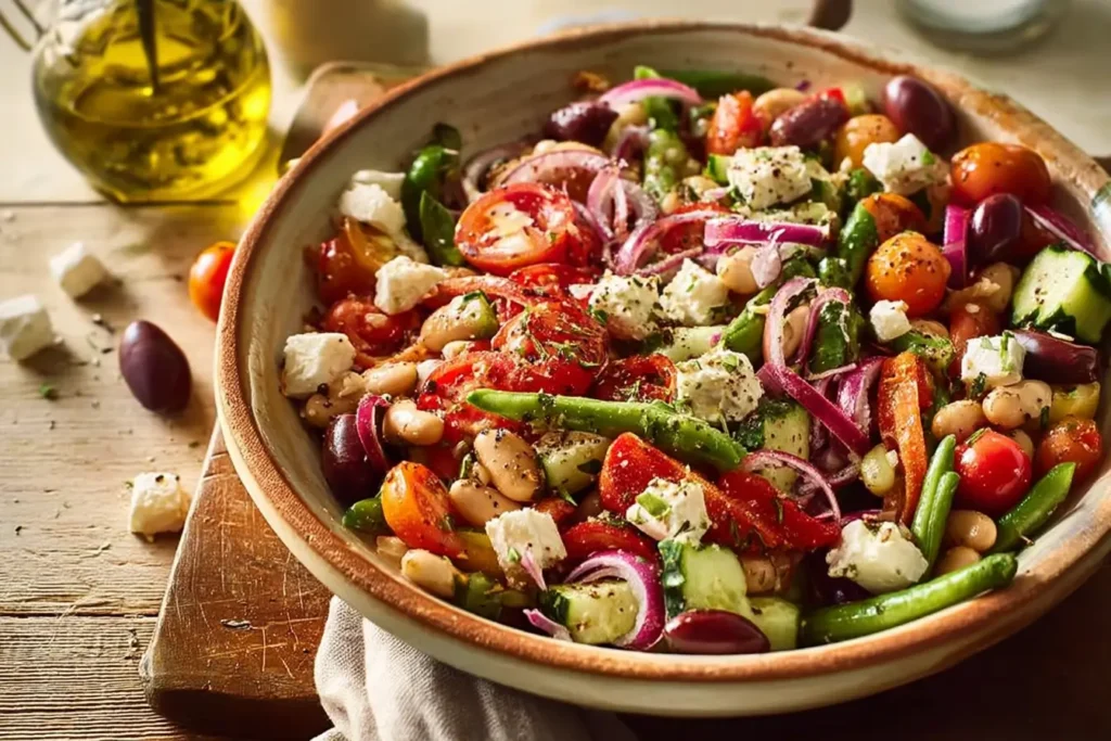Greek Bean Salad served with lemon wedges and herbs