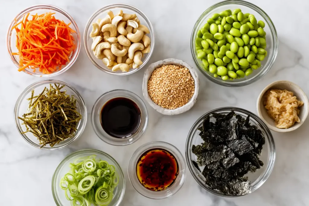 Ingredients for Asian Bean Salad arranged on a table