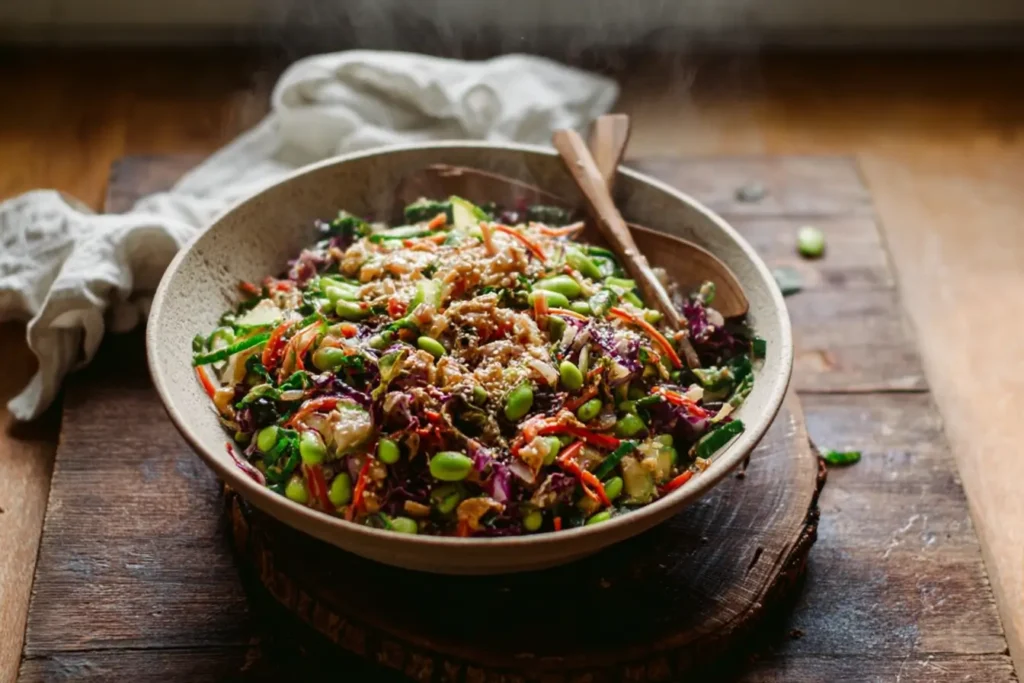 Miso Sesame Dense Bean Salad served with sesame seeds and peanuts
