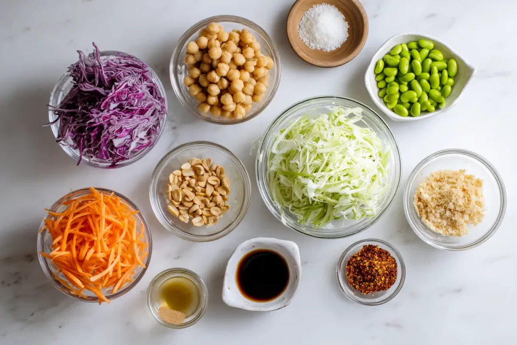 Ingredients for Miso Sesame Dense Bean Salad arranged on a wooden table