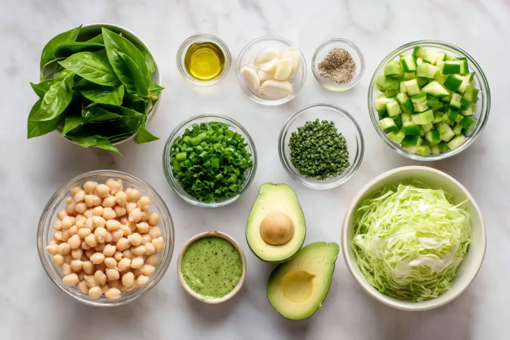 Ingredients for Dense Bean Salad arranged on a wooden table