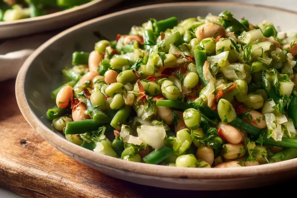 Dense Bean Salad served with lemon wedges and avocado dressing
