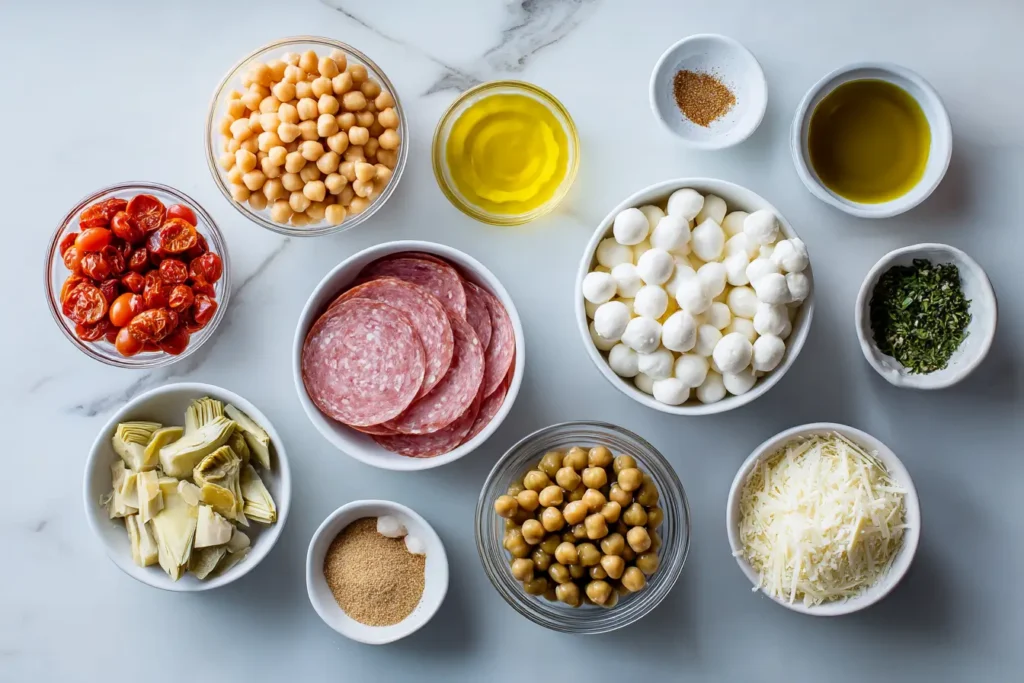 Ingredients for La Scala Bean Salad arranged on a wooden table
