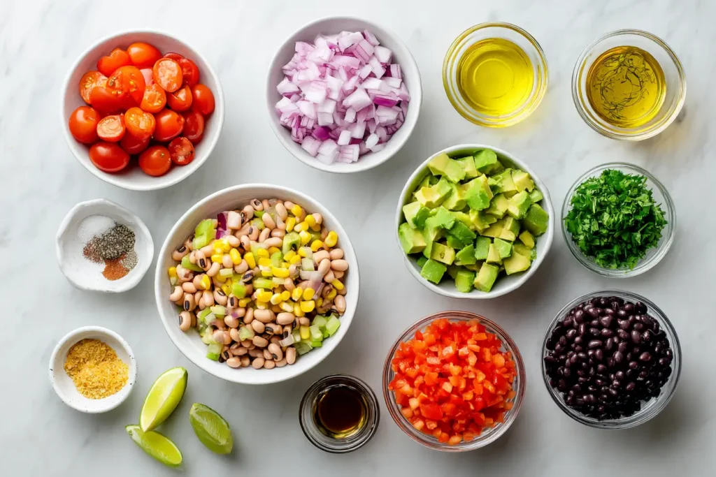 Ingredients for Cowboy Caviar arranged on a rustic table