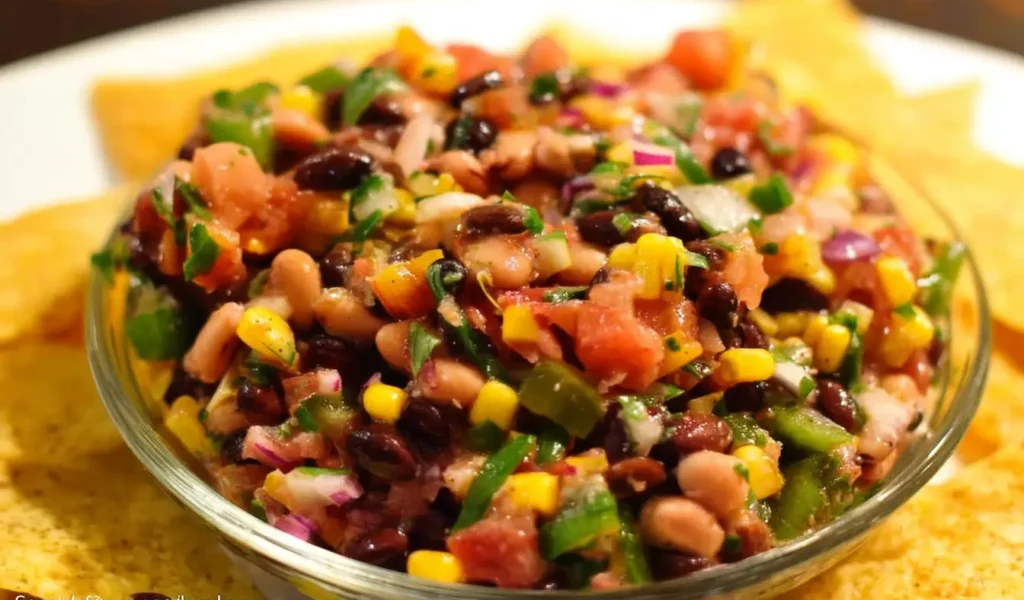 Cowboy Caviar with beans, corn, avocado, and tortilla chips