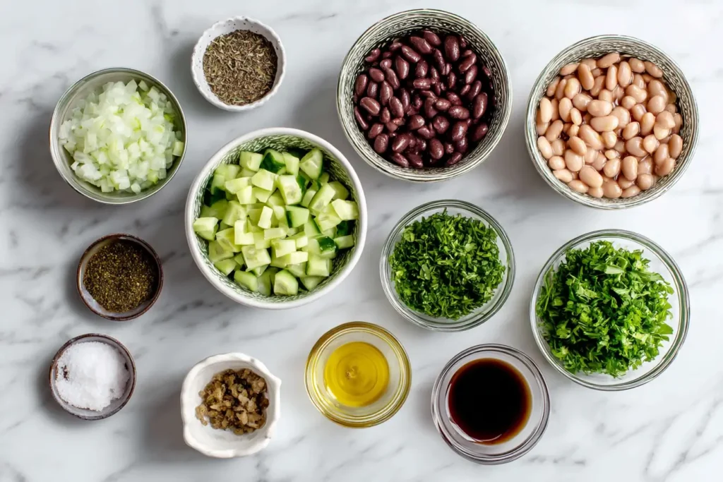 Ingredients for Ridiculously Easy Bean Salad arranged on a wooden table