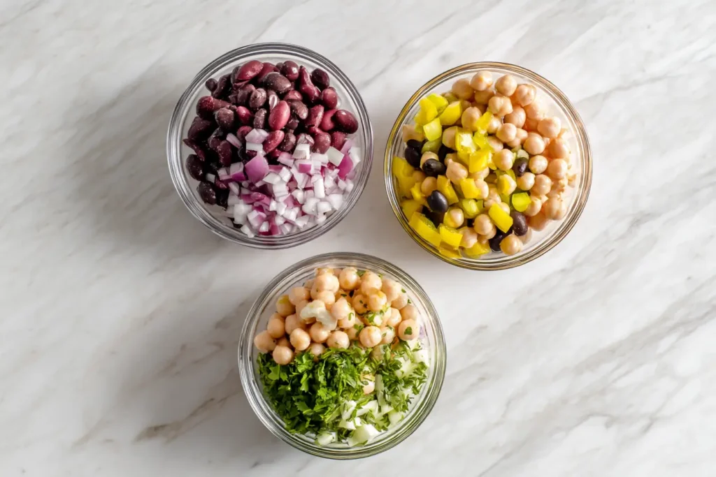Ingredients for 3 Bean Salad arranged on a wooden table