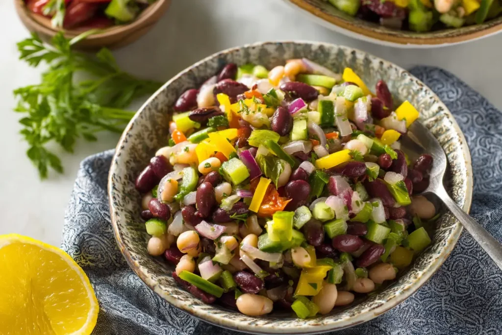 3 Bean Salad served with parsley garnish and lemon wedges