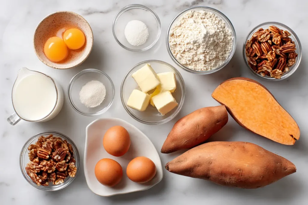 Ingredients for Sweet Potato Casserole arranged on a wooden table