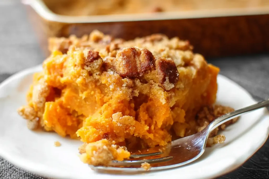 Served portion of Sweet Potato Casserole with pecan topping on a plate