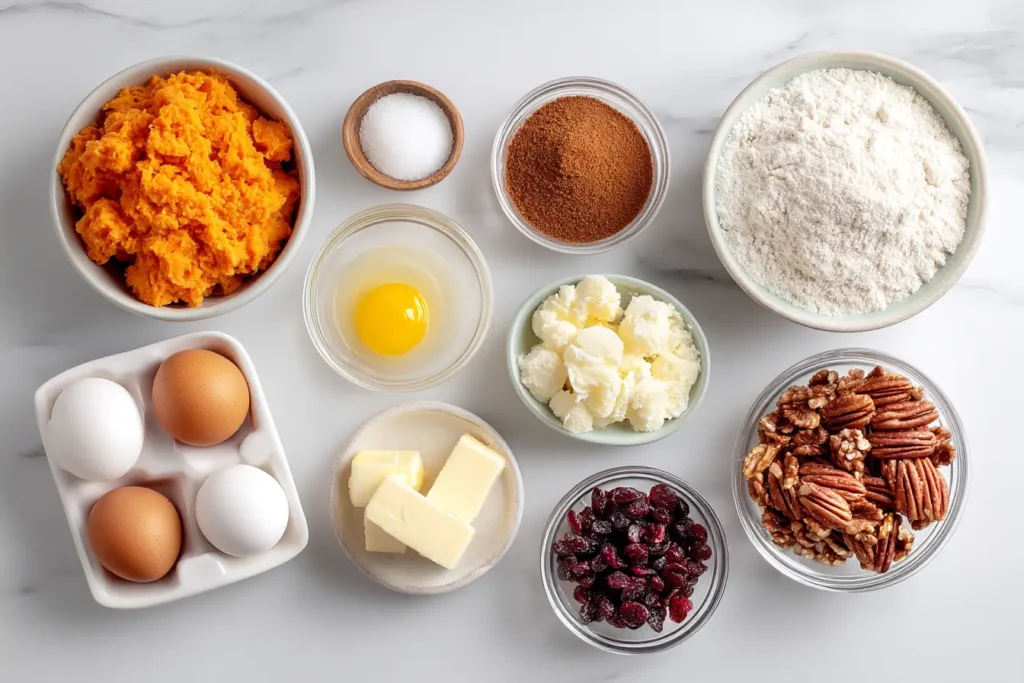 Ingredients for Easy Sweet Potato Casserole arranged on a wooden table