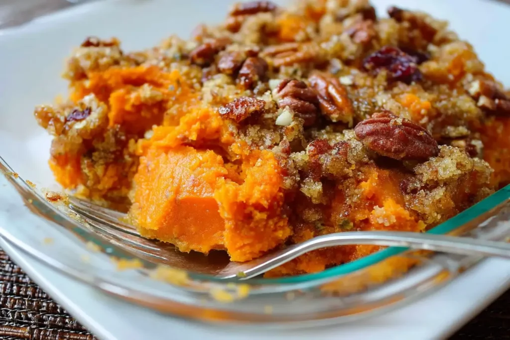 Serving of Easy Sweet Potato Casserole with golden pecan crumble and craisins