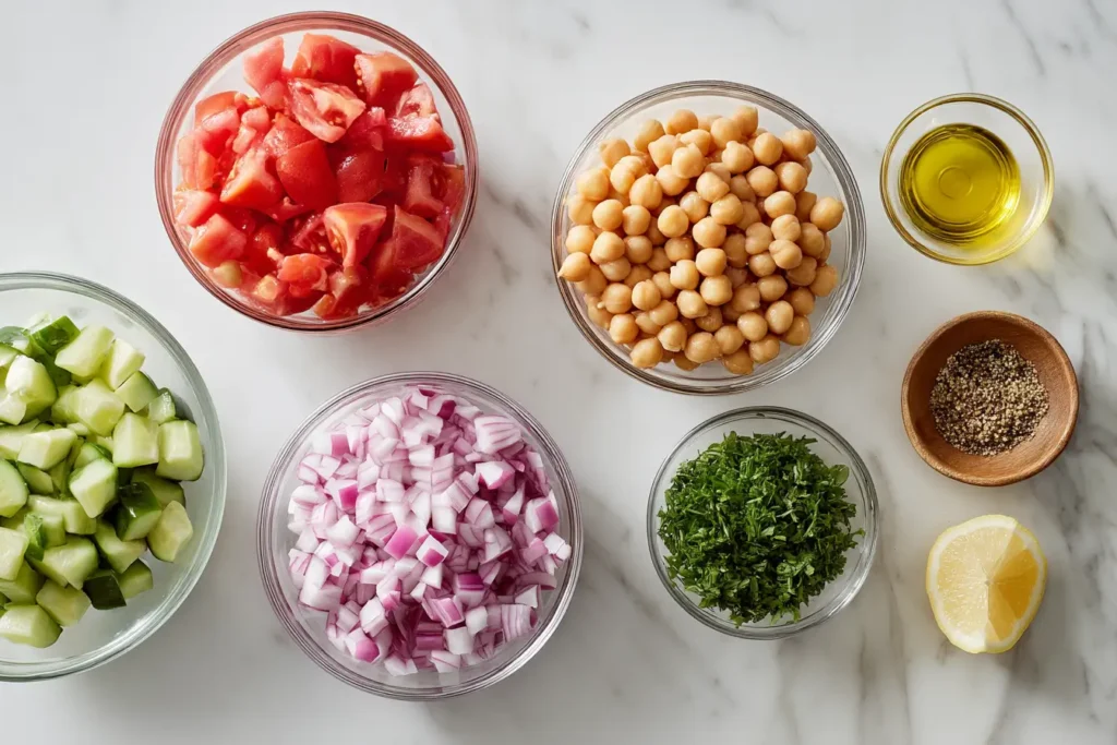 Ingredients for Chickpea Salad arranged on a wooden surface