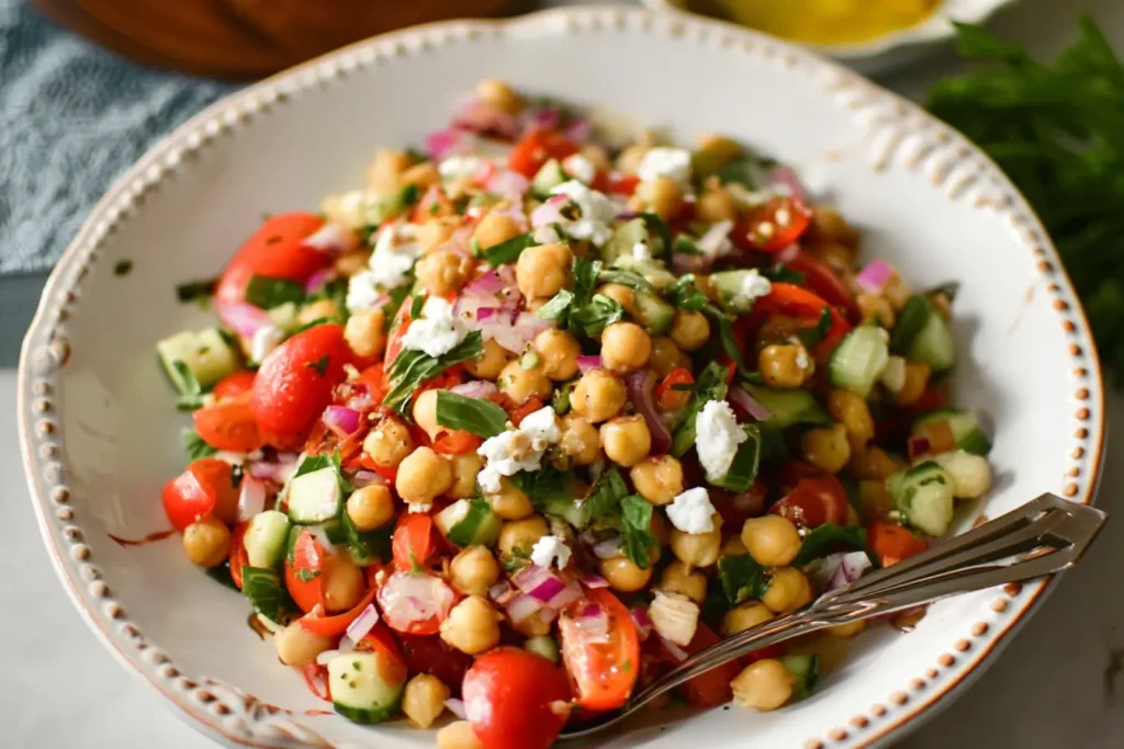 Serving of fresh Chickpea Salad on a white plate