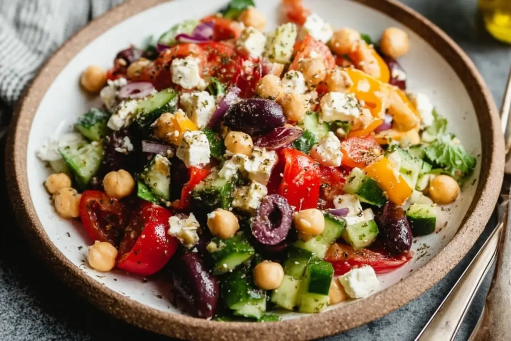 Serving of The Easiest Chickpea Greek Salad with feta and olives