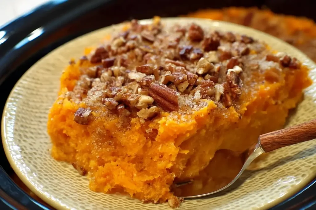 Serving of Crockpot Sweet Potato Casserole with brown sugar pecan topping