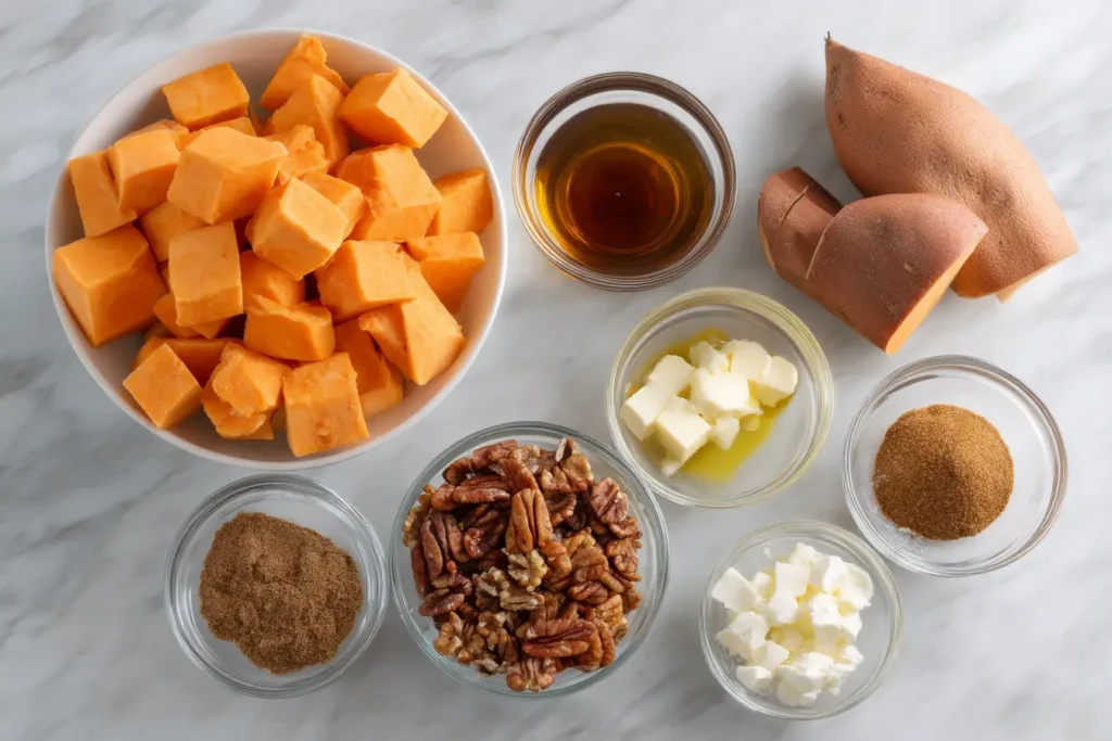 Ingredients for Crockpot Sweet Potato Casserole arranged on a rustic table