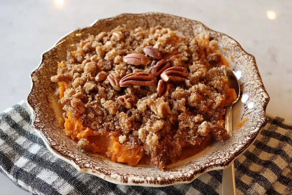 Serving of Slow Cooker Sweet Potato Casserole with pecan topping