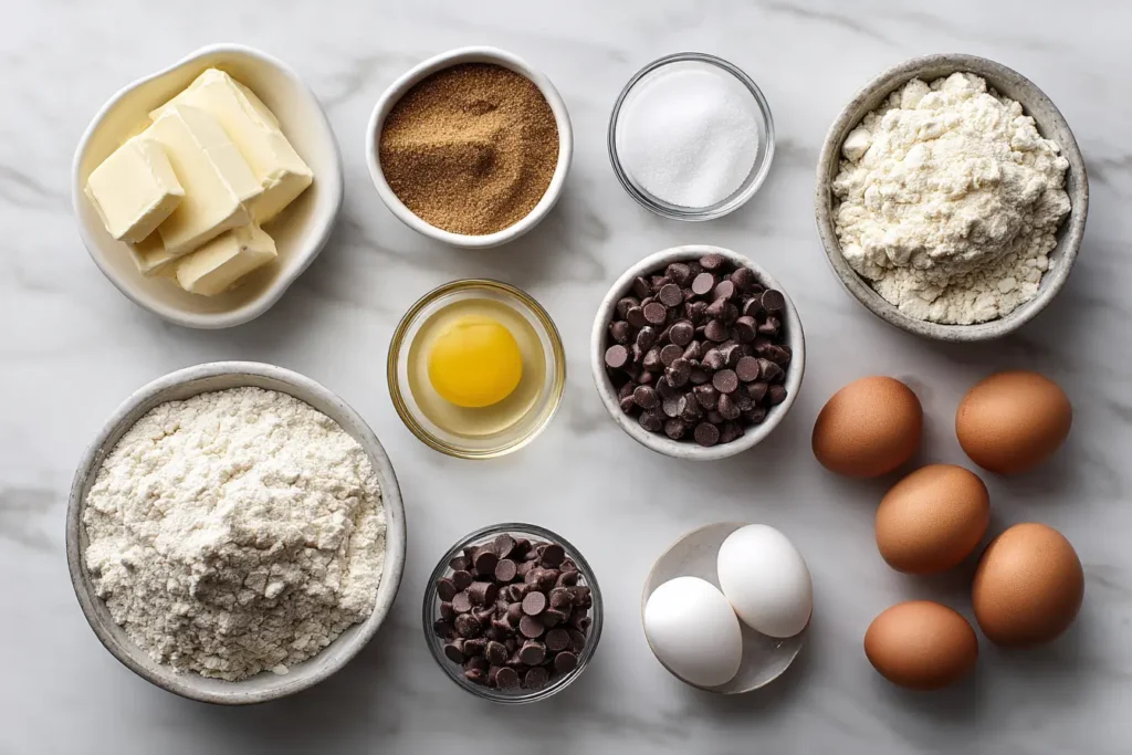 Ingredients for homemade chocolate chip cookies on a table