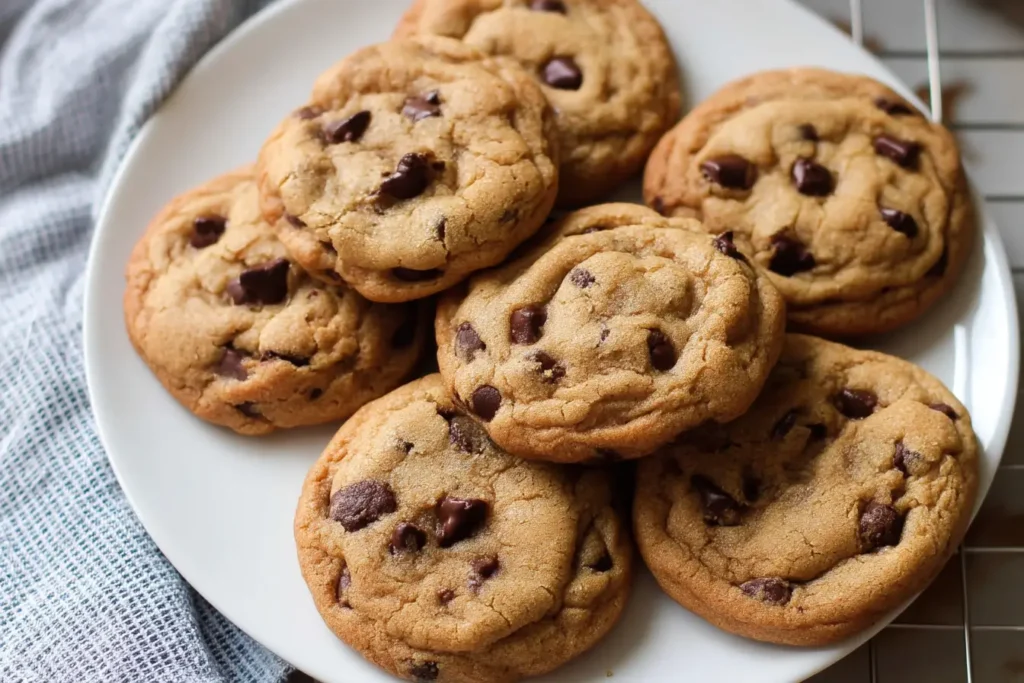 Stack of chewy chocolate chip cookies beside a glass of milk