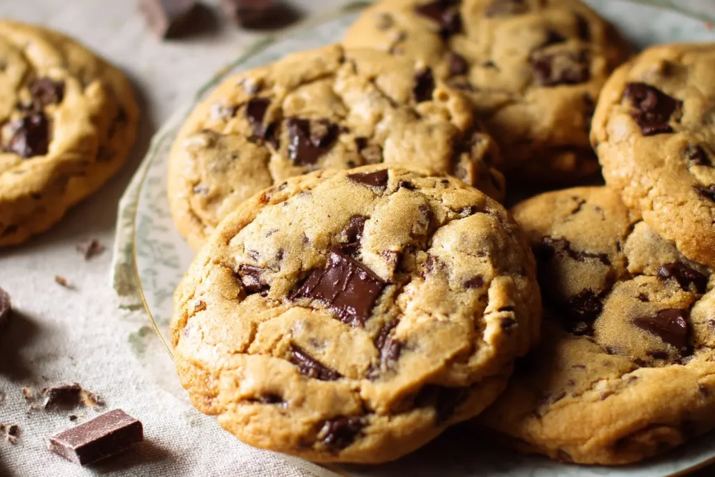 Stack of warm chocolate chip cookies beside a glass of milk