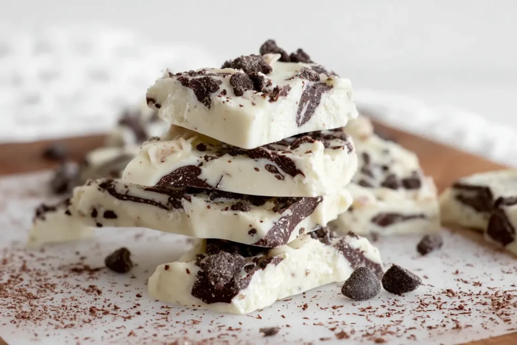 Stacked pieces of Cookies and Cream Bark on a plate