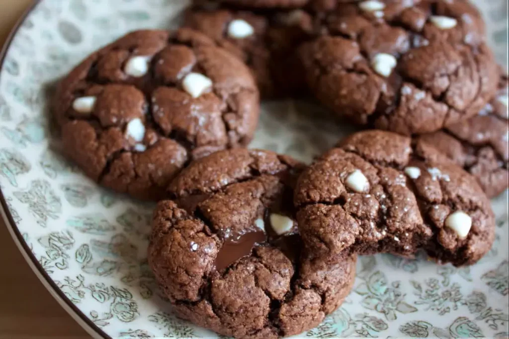 Stack of Hot Chocolate Cookies beside a mug of hot cocoa