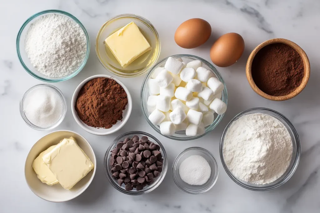 Ingredients for Hot Chocolate Cookies on a wooden table