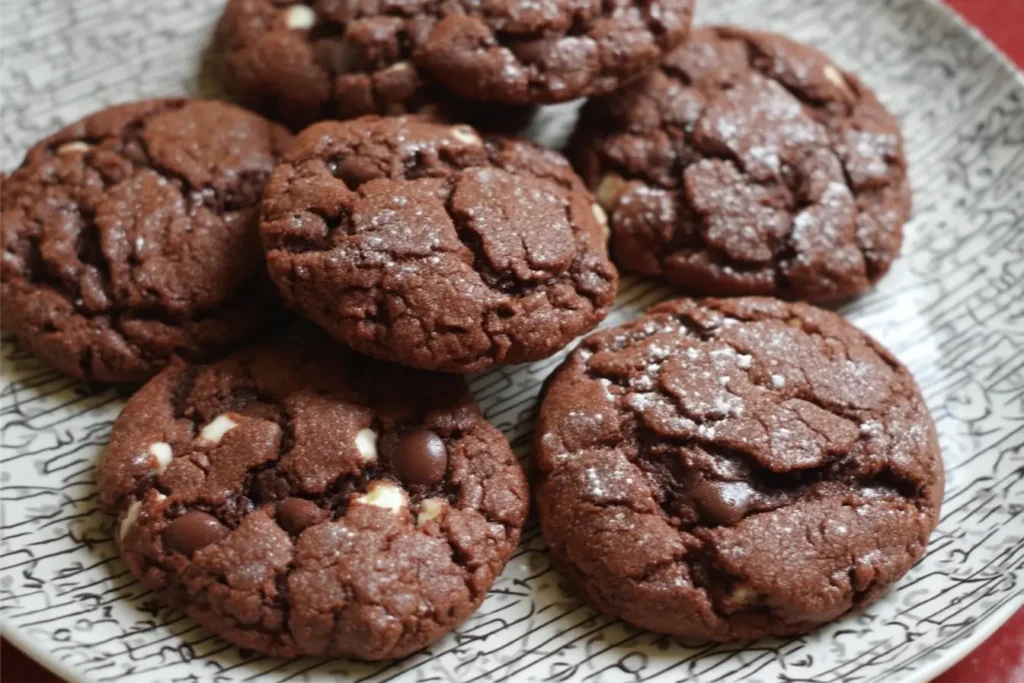 Stack of Triple Chocolate Chip Crinkle Cookies beside a cup of coffee