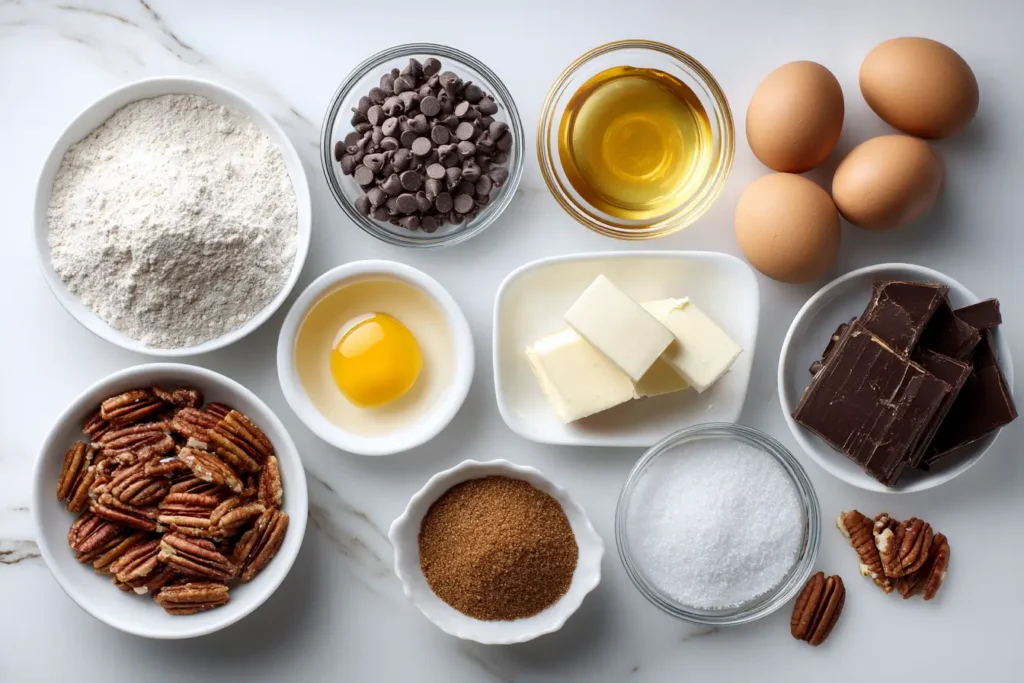 Ingredients for Brown Sugar Pecan Pie Brownies on a wooden surface
