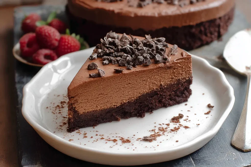 Slice of Chocolate Mousse Brownie Cake served with chocolate drizzle and raspberries
