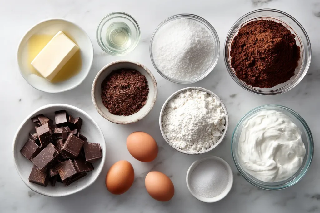 Ingredients for Chocolate Mousse Brownie Cake arranged on a countertop
