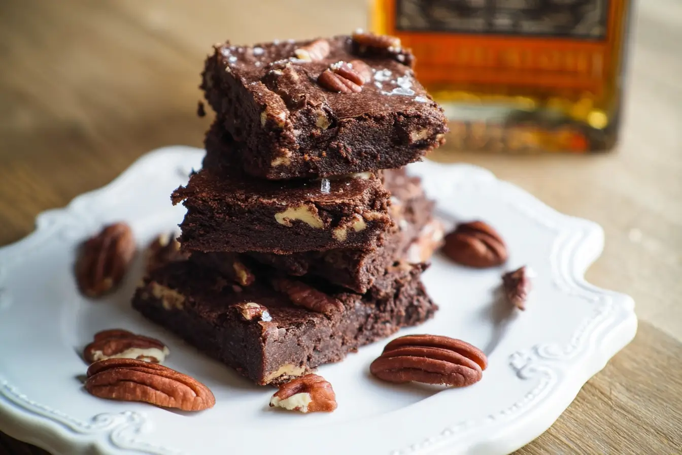 Bourbon Pecan Fudge Brownie served with vanilla ice cream and caramel drizzle