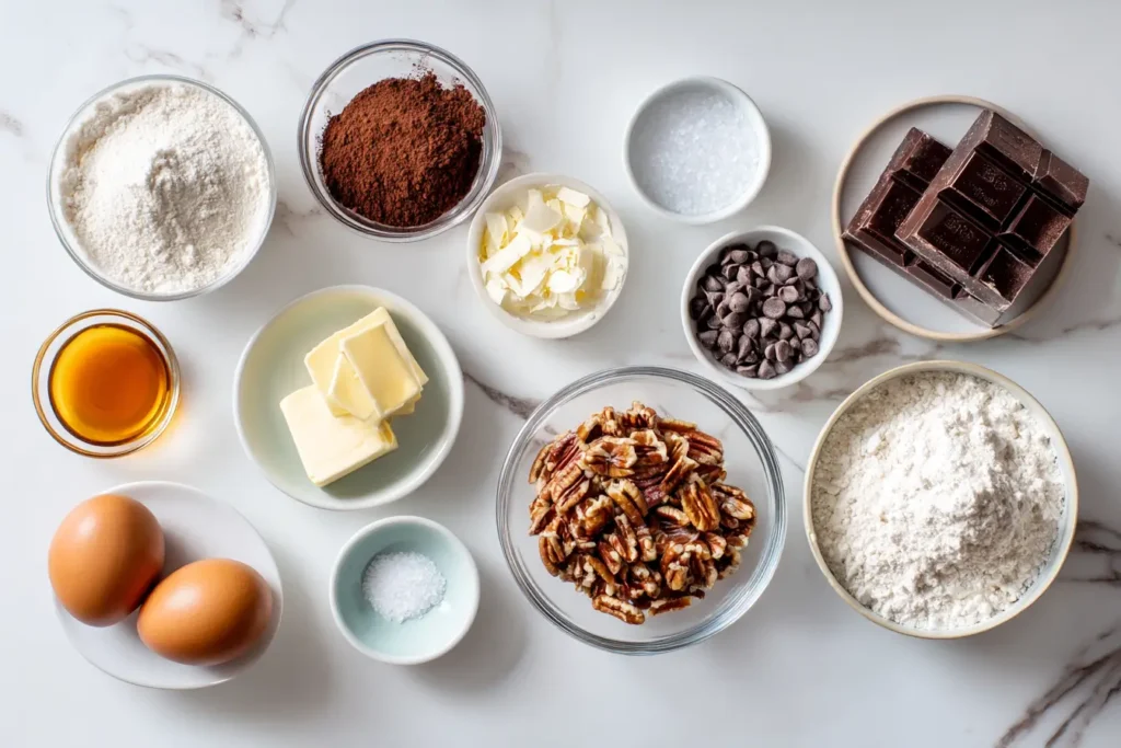 Ingredients for Bourbon Pecan Fudge Brownies arranged on wooden surface