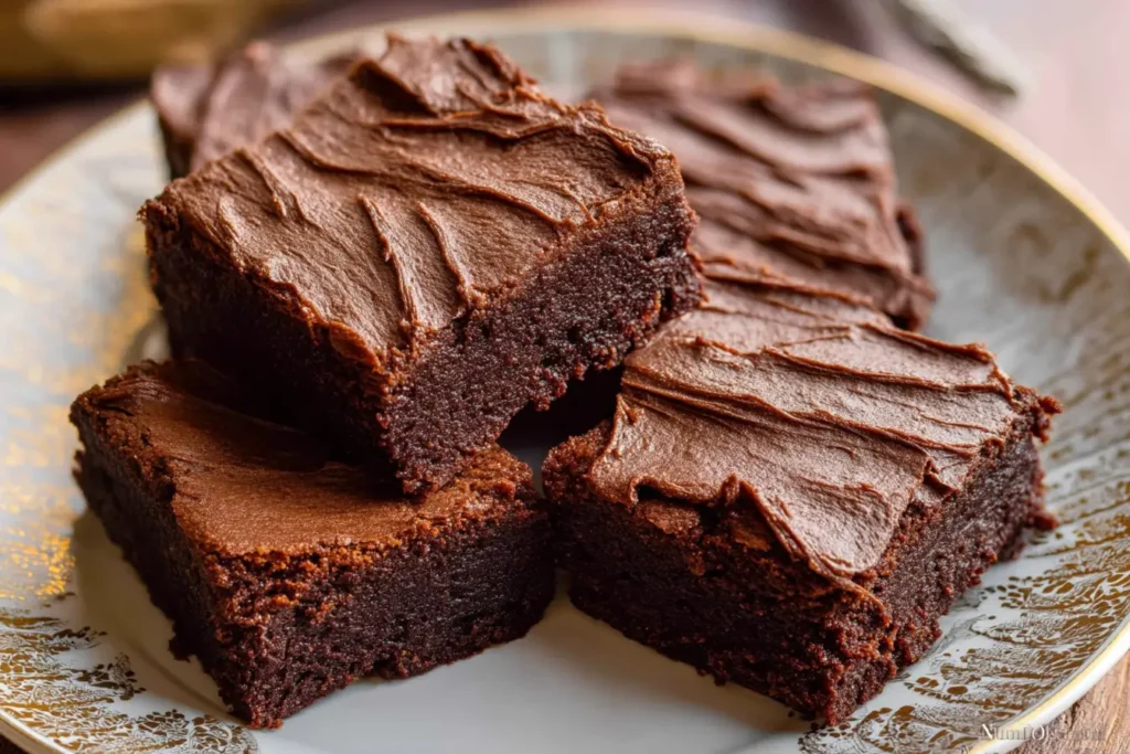 Homemade Chewy Fudgy Frosted Brownies served on a plate
