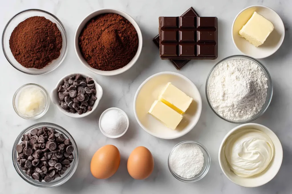 Ingredients for Chewy Fudgy Frosted Brownies arranged on marble background